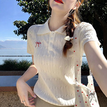 2026新款韩系麻花蝴蝶结刺绣POLO领针织衫减龄显瘦上衣女