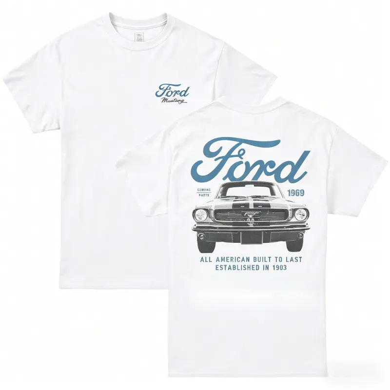 European size pure cotton T-shirt, drop shoulder, loose fit, Ford Mustang double-sided print, vintage sports car, unisex short sleeve