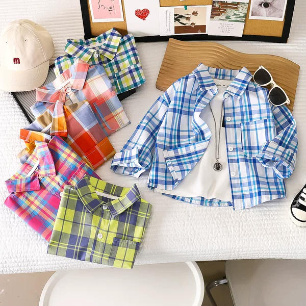 Children's Shirts for Boys 2026 New Stylish Cotton Plaid Shirts for Babies, Spring and Autumn Fashion Turn-Down Collar Cardigans for Toddlers and Young Children