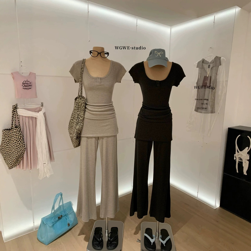 2026 Summer Korean-style casual two-piece set for women with ruffled fly sleeves and slim-fit flared pants