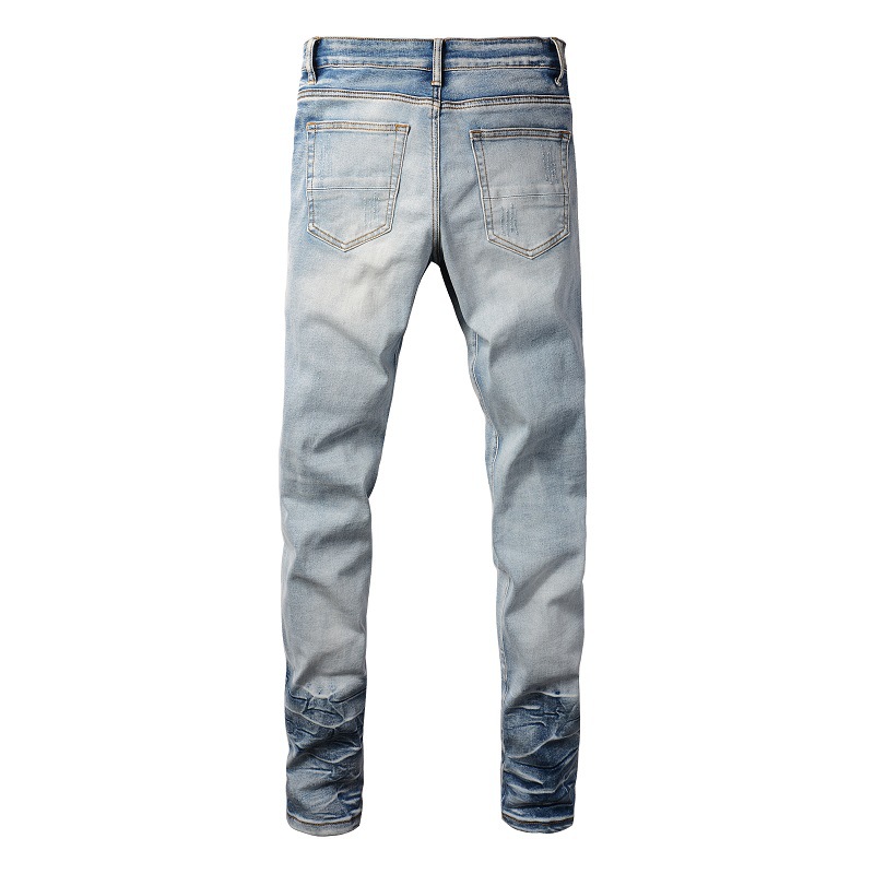 Herrenbekleidung im gleichen Stil, Katzenschnurrhaare, zerknitterte Farbe, Patchwork, Lederpatch, Loch, elastische Slim Fit-Röhrenjeans_voghion.com