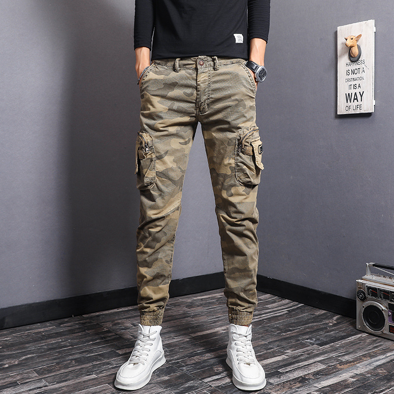 Autumn French slim camouflage casual pants men's skinny ankle-tied overalls trendy all-match tight autumn and winter long pants