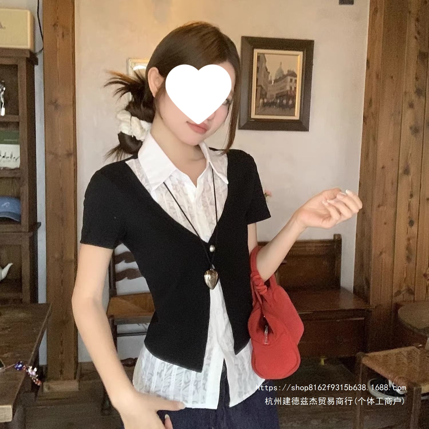 Women's Black Short-Sleeve T-Shirt with Collar, 2026 Autumn New Style, Slimming, Faux Two-Piece Layering, Sexy Girl T-Shirt Top