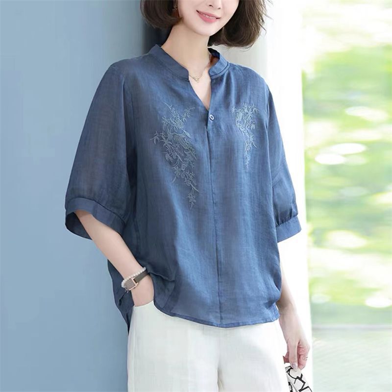 Ramie Seven-sleeved Shirt Women's 2024 New Summer Short-sleeved Mother's Shirt High-end Loose Thin Cotton and Linen Top Ramie Seven-sleeved Shirt Women's 2024 New Summer Short-sleeved Mother's Shirt High-end Loose Thin Cotton and Linen Top