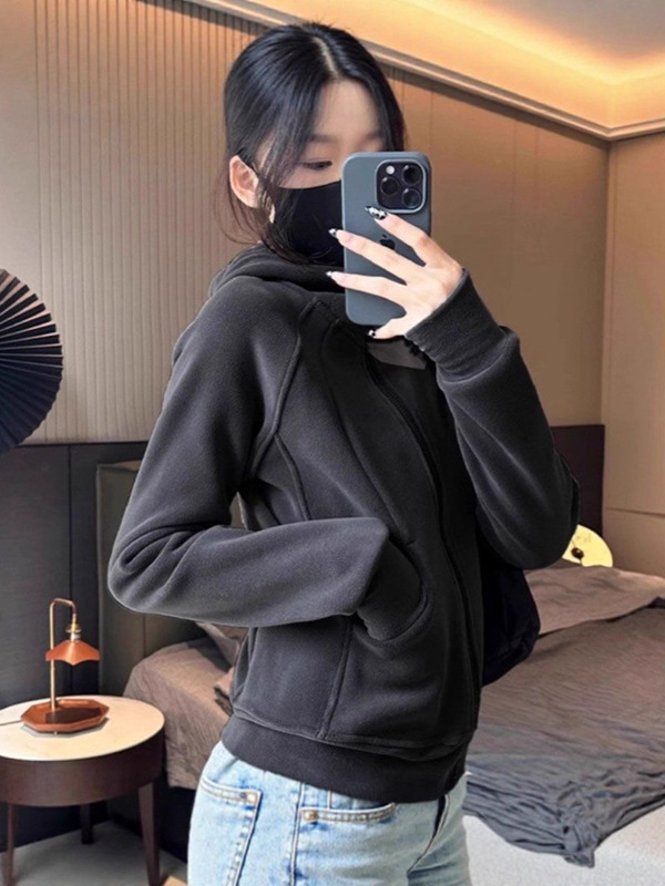 lulu同款修身连帽卫衣女秋冬加绒加厚奥粒绒收腰拉链开衫外套|undefined