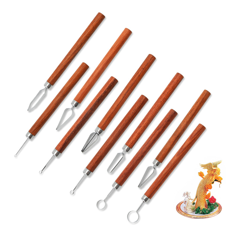 10 piezas mango de madera cuchillo de dibujo de acero inoxidable plato de frutas y verduras cuchillo de talla cuchillo de dibujo de borde de chef al por mayor