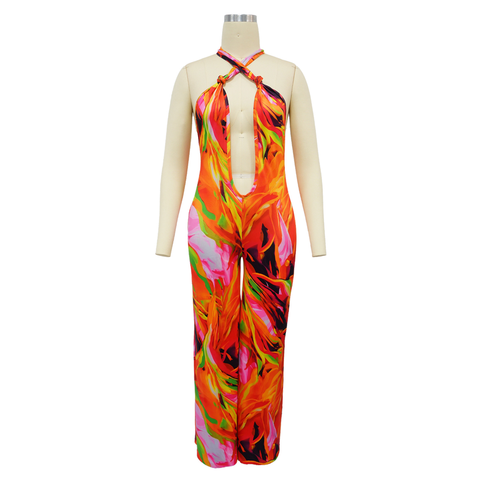 Women Wear Printed Cropped Halter Backless Jumpsuit 8 Women Wear Printed Cropped Halter Backless Jumpsuit