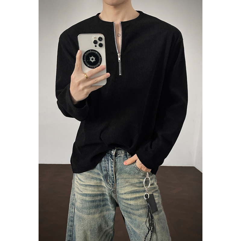 American-style Half-zip Henley Collar T-shirt For Men Women, Corduroy, Spring And Autumn Cleanfit Long-sleeve Base Layer_voghion.com