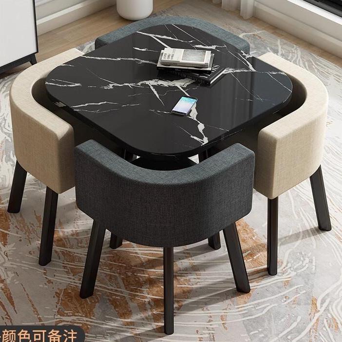 80CM 검정색 패턴 사각형 테이블 + 어두운 천 의자 2개와 밝은 천 의자 2개