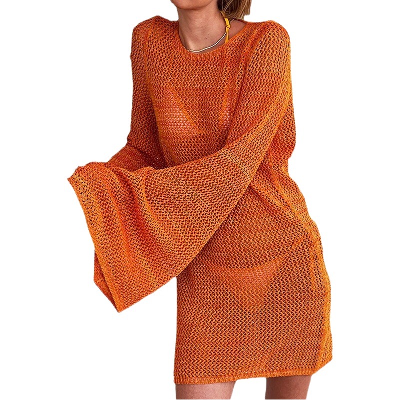 Cross-border European and American hollow-out knitted backless sun protection shirt bikini swimsuit outer wear sexy loose pullover beach blouse