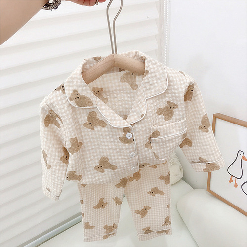 Little Girl's Checkered Homecoming Set with Bear Print Bubble Check Cotton Two-Piece Autumn Pajamas for Boys and Children Leisure