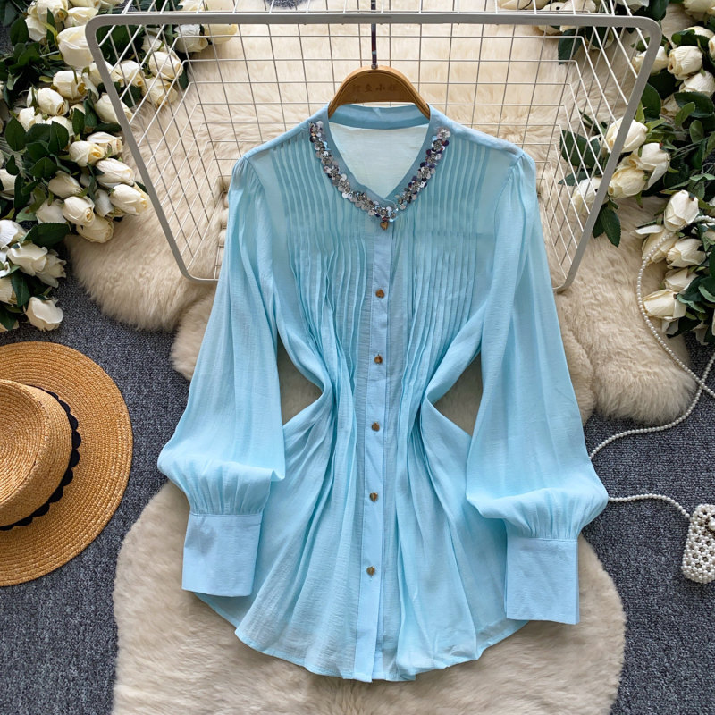 French-Style Light Mature Style Beaded Skin-Friendly Breathable Shirt for Women, Summer Long-Sleeve Loose Fit White Top with a Sense of Design French-Style Light Mature Style Beaded Skin-Friendly Breathable Shirt for Women, Summer Long-Sleeve Loose Fit White Top with a Sense of Design