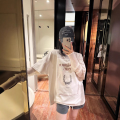 南油品质25SS早秋复古图案印花宽松假两件长袖网纱T恤男女同款