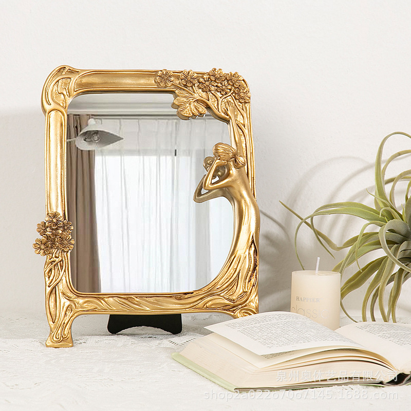 European-style light luxury resin embossed golden maid mirror makeup mirror retro resin photo props girl dressing mirror