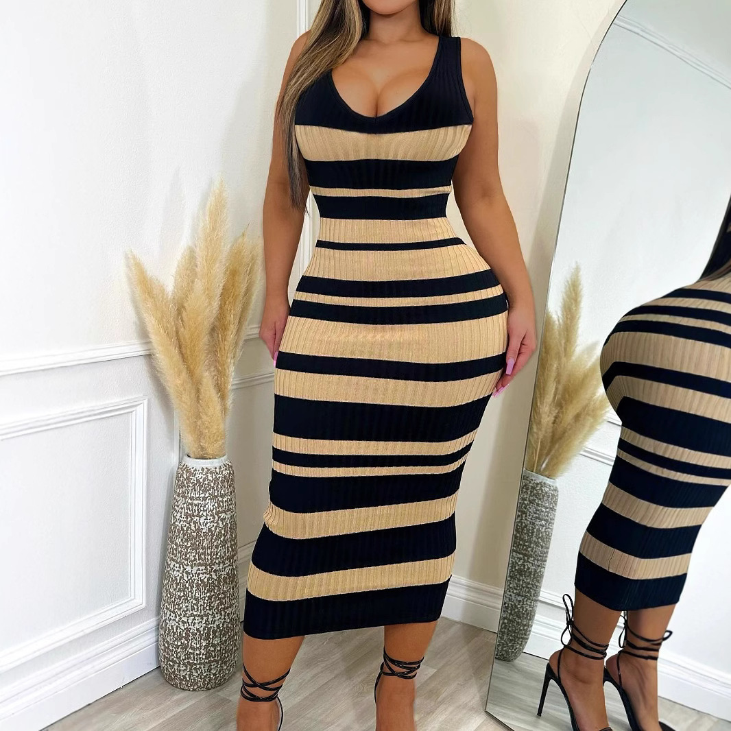 Women's Slim Fit Sleeveless Ribbed Stripe Print V-Neck Midi Dress For Casual & Office Wear Versatile Style Statement_ecoleips.com
