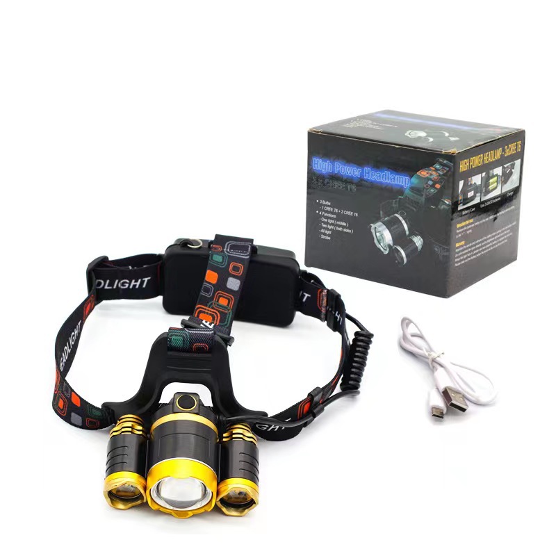 Cross-Border linterna de iluminación montada en la cabeza de 3 cabezas LED de luz fuerte Faro de carga Super brillante luz al aire libre de largo alcance