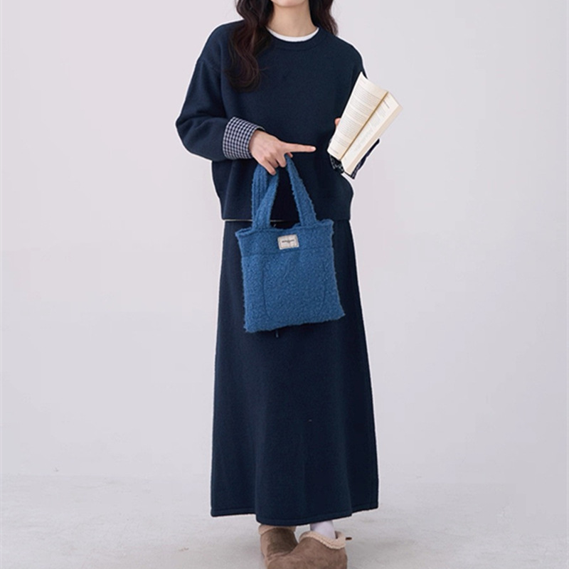复古格子拼接毛衣套装女秋冬新款韩版宽松慵懒风a字半身裙两件套|undefined