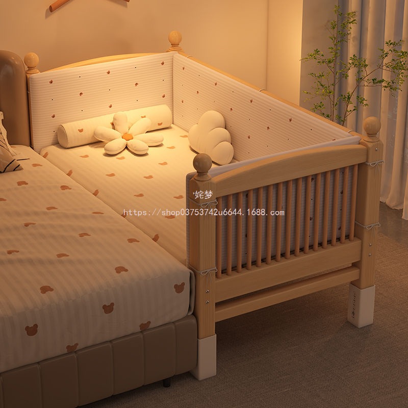 Dream Solid Wood Splicing Bed, Extra Wide Bedside Baby Single Bed, Beech Wood High Guardrail, Adjustable for Children and Infants