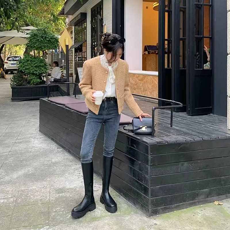 Uva mamá 2023 Otoño e Invierno Nuevo tacón grueso de suela gruesa pequeñas botas altas cremallera lateral botas de montar a la rodilla para las mujeres