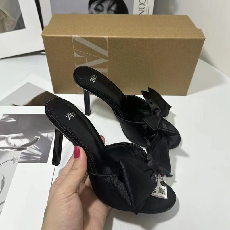 Za2024 Spanish Spring New Women's Shoes Large Bow Decorated Polyester Rose Red Stiletto Sandals