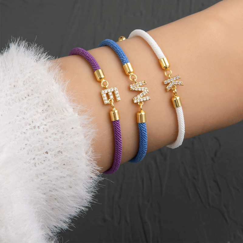 Cross-Border Hot Selling Letter Bracelet Copper Inlaid Zircon Initial Letter Gold-Plated A-Z White Rope Adjustable Size Bracelet Cross-Border Hot Selling Letter Bracelet Copper Inlaid Zircon Initial Letter Gold-Plated A-Z White Rope Adjustable Size Bracelet