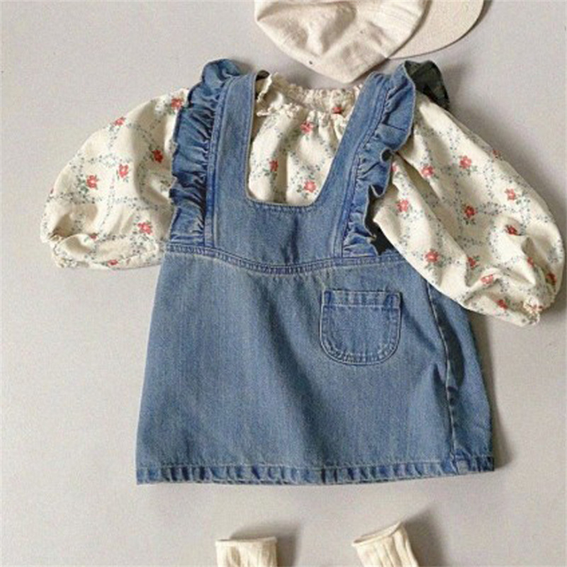 INS estilo coreano bebé niña primavera y otoño nuevo vestido estilo occidental hongo encaje lavado Denim PANA vestido de suspensión