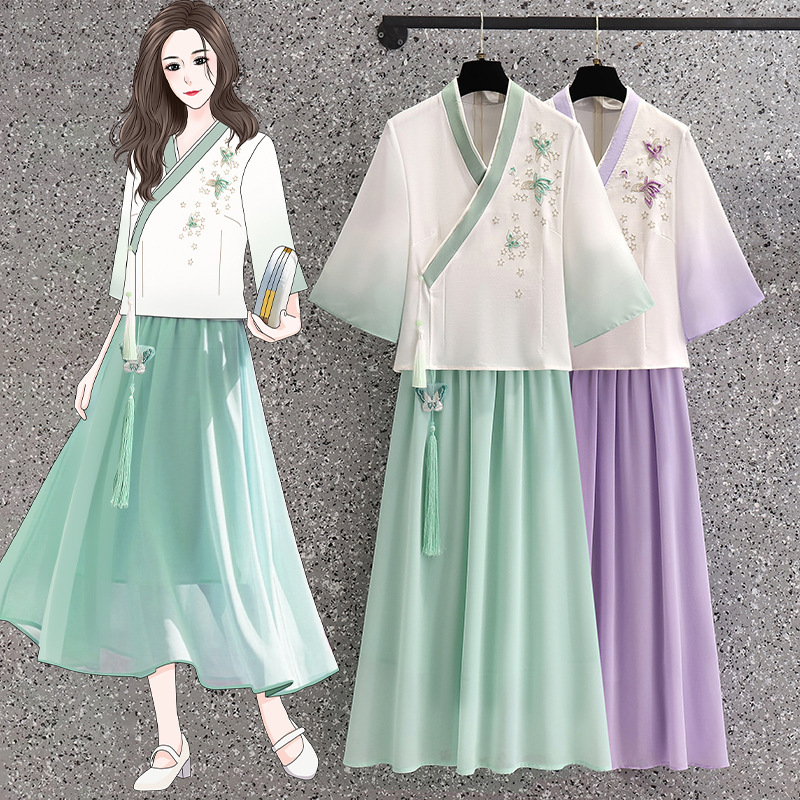 Chinese antique cross collar gradient retro tassel Hanfu modified butterfly embroidered top Guofeng Zen tea skirt two pieces