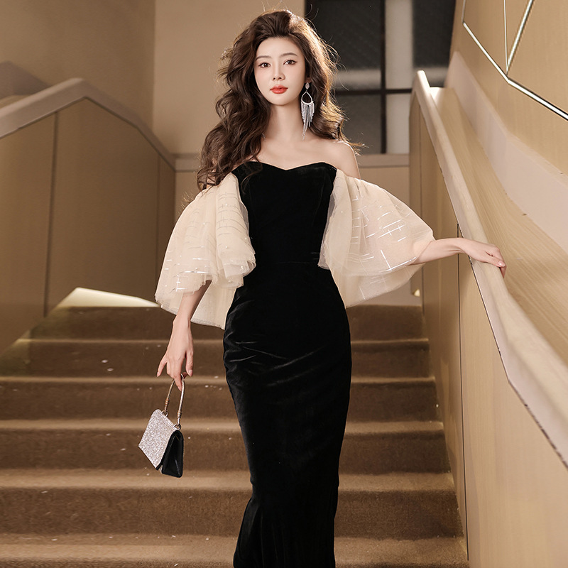 Black fishtail high-end strapless evening dress graduation annual meeting birthday host performance velvet toast dress slim