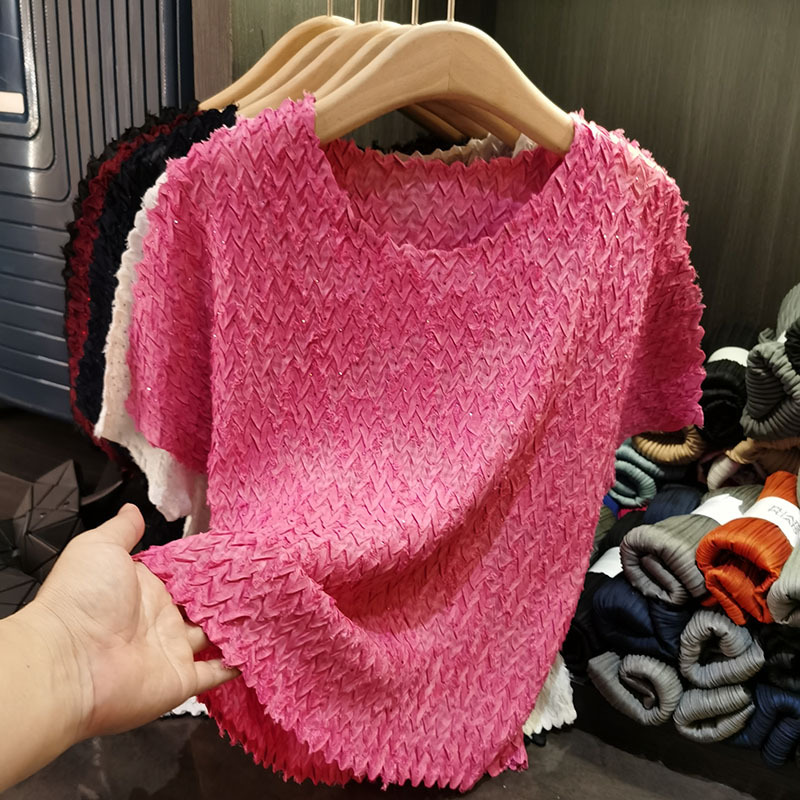 Áo thun cổ tròn dáng rộng tay ngắn xếp ly bèo nhún mùa hè — Màu đen, Màu xanh navy, Màu đỏ hoa hồng, Màu trắng