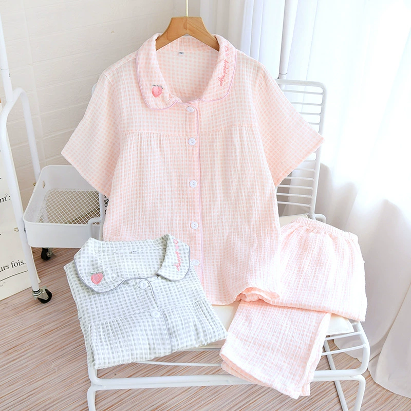 Женский летний домашний костюм из чистого хлопка, клетчатый тонкий марлевый кардиган с короткими рукавами, брюки, пижама, милая