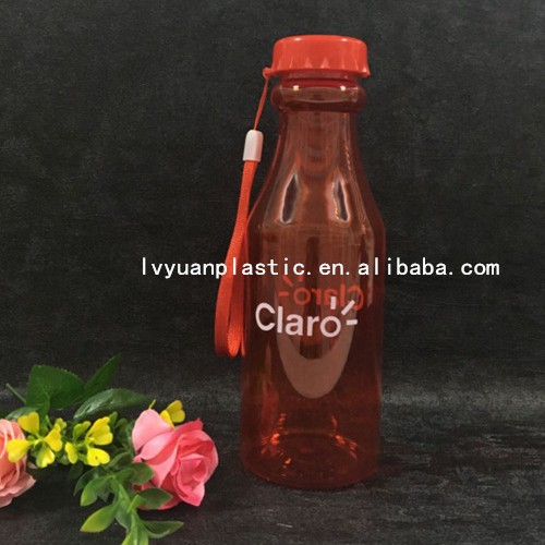 供应450ml 鲜榨果汁瓶 PC带挂绳红色塑料瓶 圆形饮料瓶鲜榨饮品瓶
