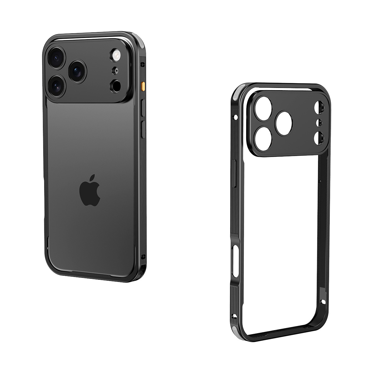 Ốp lưng điện thoại viền hợp kim chống sốc cho iPhone 17 Pro Max, 16E, 15P, 14 — Đen (có ống kính), Bạc, Cam (có ống kính), Vàng sa mạc