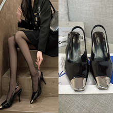 高级感韩版2024年新款黑色性感高跟漆皮金属方头御姐风高跟鞋单鞋
