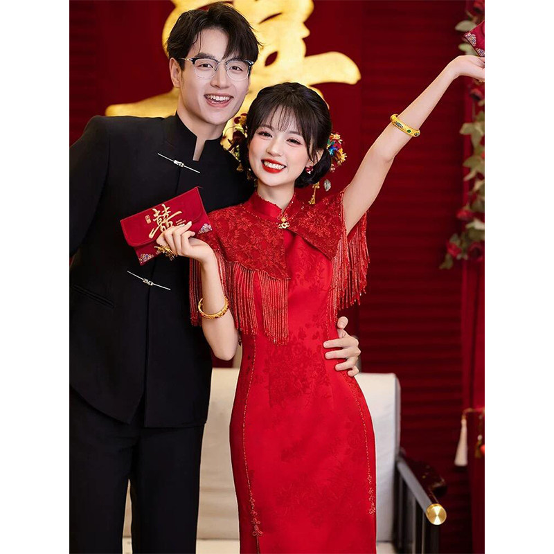 New Chinese-Style Engagement Dress in Burgundy with a High-End Feel, Bridal Wedding Robe, Morning Gown for the Bride's Return Home, Casual Outfit, Qipao New Chinese-Style Engagement Dress in Burgundy with a High-End Feel, Bridal Wedding Robe, Morning Gown for the Bride's Return Home, Casual Outfit, Qipao