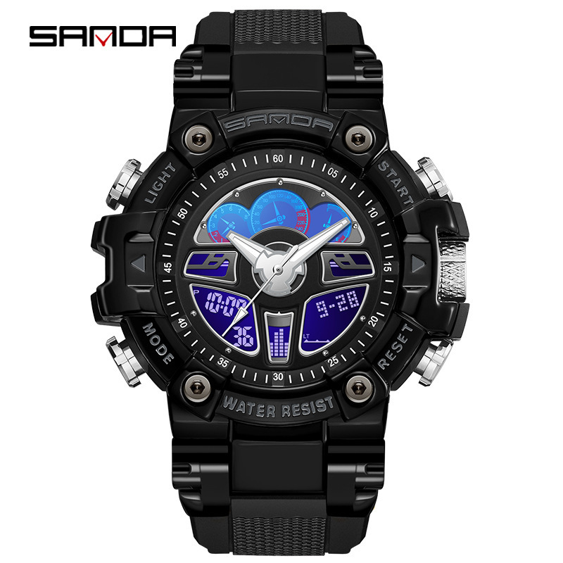 Sanda hasta mano luz reloj negro tecnología multi-funcional volante deportes volante reloj de alarma impermeable reloj masculino 3156