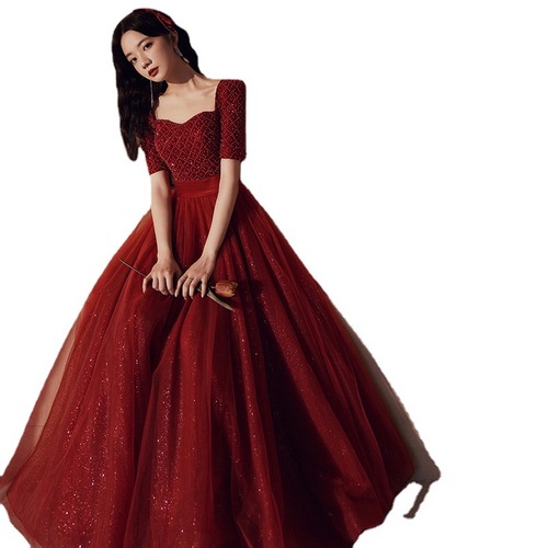 Wine color sequined evening dresses for women Wedding dress bridal temperament cocktail party A line dress  female banquet wine red engagement dress