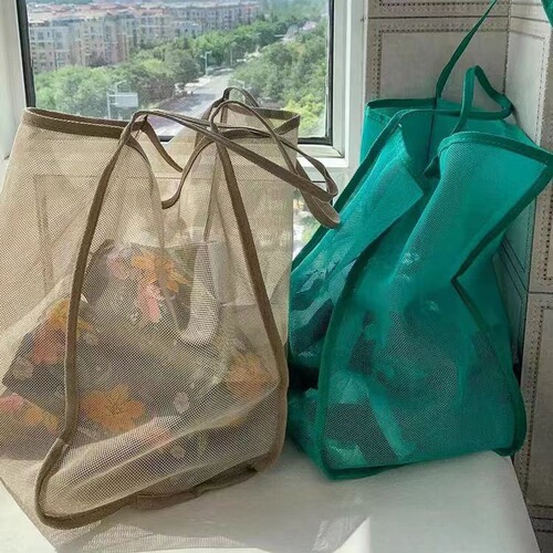 Cross-border ins style transparent mesh shoulder bag hollow beach bag swimming shower large capacity mesh eye drain bag 