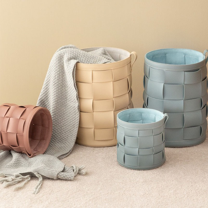 Light luxury leather storage basket high-end storage basket Home Office study trash can hand-woven waste paper basket bucket
