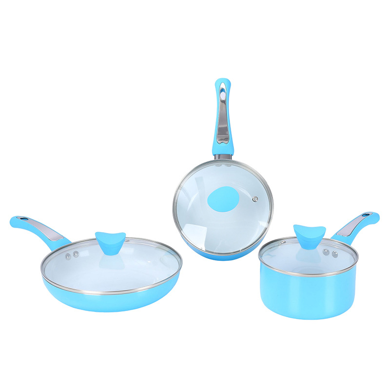 Juego de utensilios de cocina transfronterizo de aluminio sartén antiadherente conjunto de seis piezas con olla de sopa olla de leche de suplemento alimenticio olla de fondo plano sartén