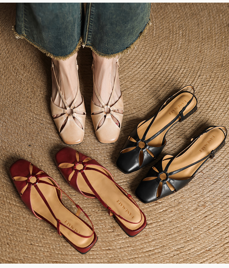 Sandal nữ quai ngang mũi nhọn phong cách vintage, gót thấp 3 cm — đen chi tiết 8