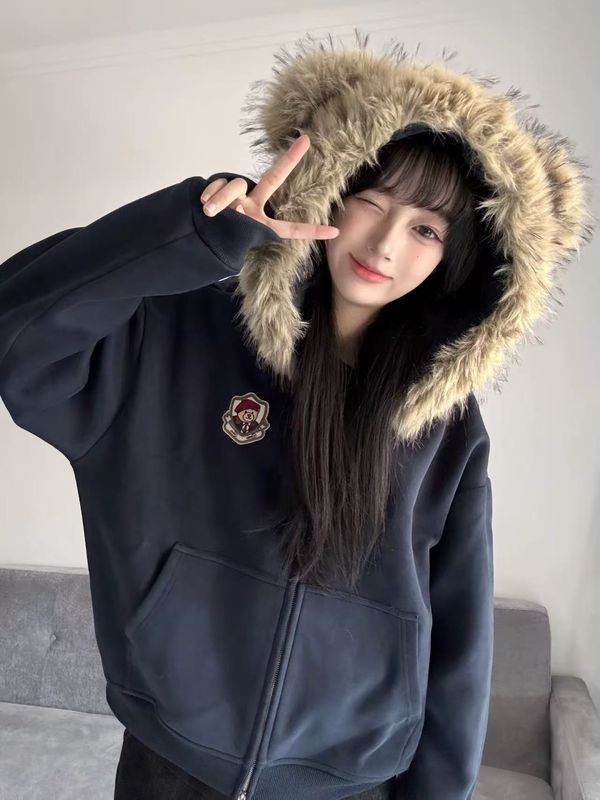 黎帮主 小熊耳朵毛领开衫外套女2025新款秋冬装休闲情侣连帽卫衣|undefined