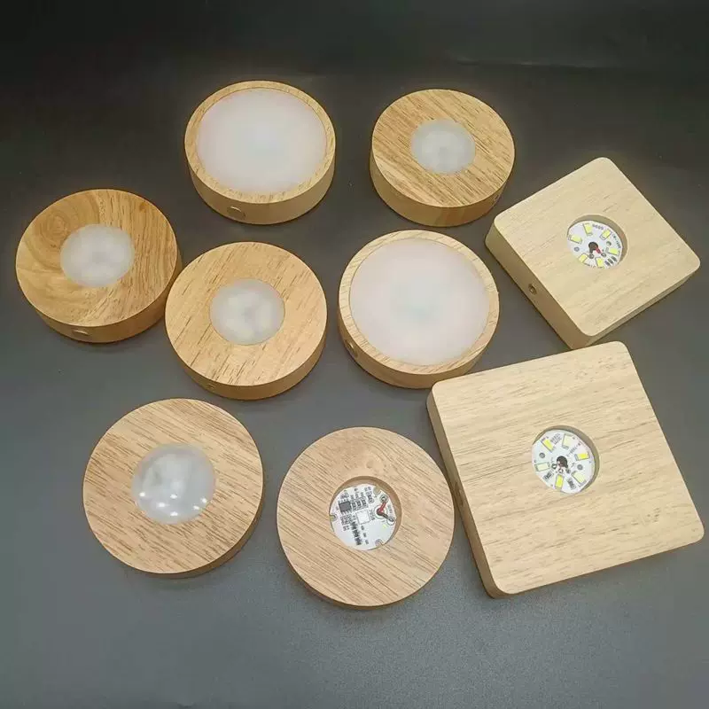 圆形水晶小夜灯发光木底座 USB木质工艺品摆件LED小夜灯发光底座