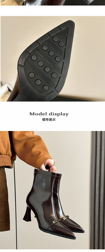 Bốt nữ cổ ngắn mũi nhọn gót cao 6–8 cm mặt bóng co giãn khóa kim loại khóa kéo sau — màu nâu, đen chi tiết 6