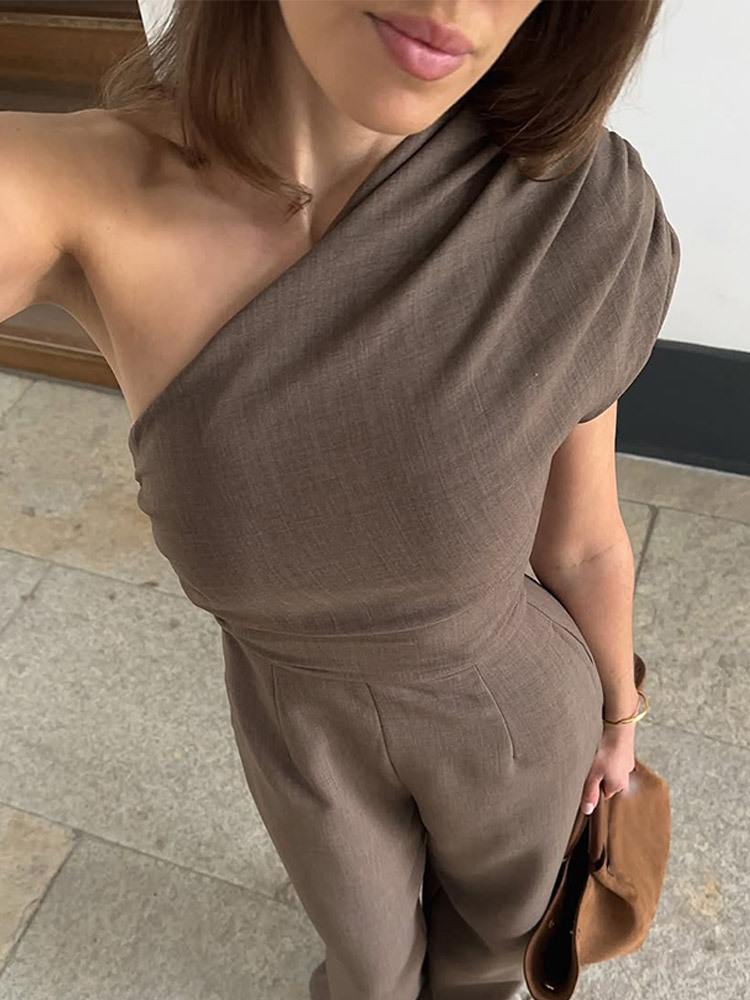 2025 verano nuevo estilo color sólido de alta calidad hombro oblicuo plisado asimétrico mono transfronterizo comercio exterior europeo y americano ropa de mujer image 3