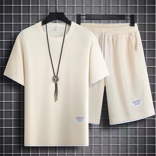 Waffle Men's Large Size Two-piece Set Shorts Summer casual Men's Loose Short-sleeved Trend Sports Two-piece Set