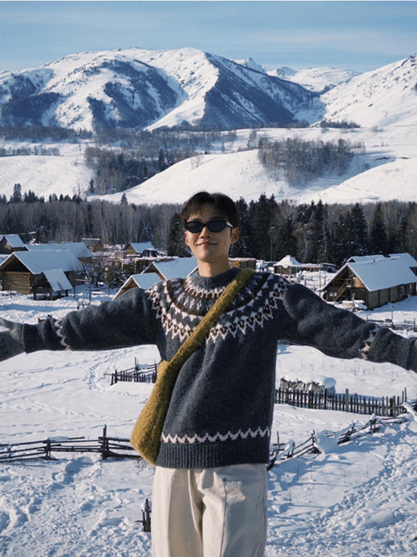 Christmas Atmosphere Jacquard Sweater for Men, Autumn and Winter American Retro Fair Isle Pattern New Year's Lazy Knitwear