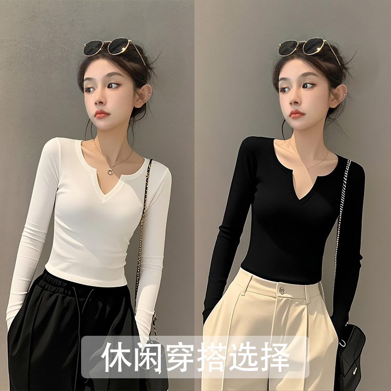 早秋新款白色v领长袖打底衫女2025内搭外穿紧身洋气显瘦上衣|undefined