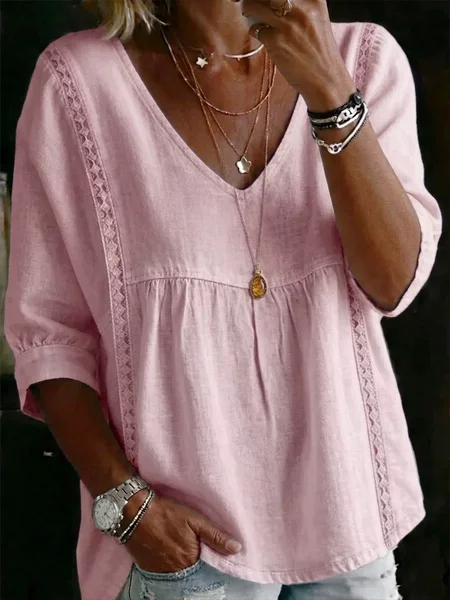 2026 New Foreign Trade Cross-Border Women's Lace V-Neck Pullover Solid Color Casual Three-Quarter Sleeve Blouse Shirt