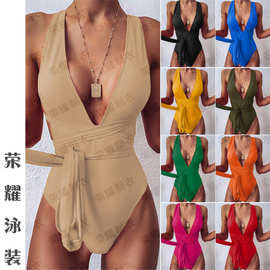 2024现货大码速卖通连体泳装连体泳衣女士欧美绑带一体式比基尼