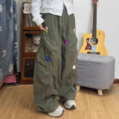 设计感花朵刺绣绿色工装牛仔裤女春季爆款美式辣妹阔腿裤拖地长裤